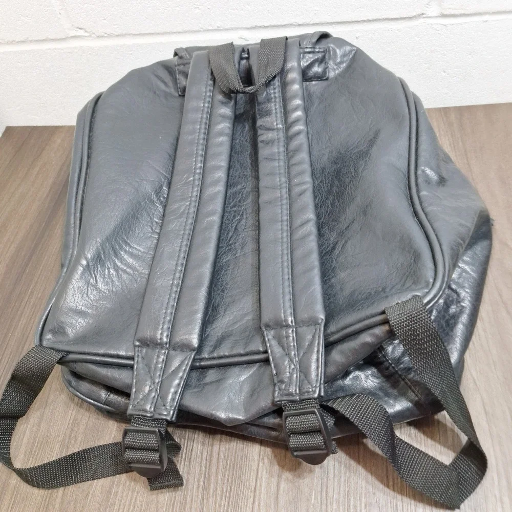 Nexus Backpack Black Faux Leather Vintage Drawstring Flap Pockets Large Size